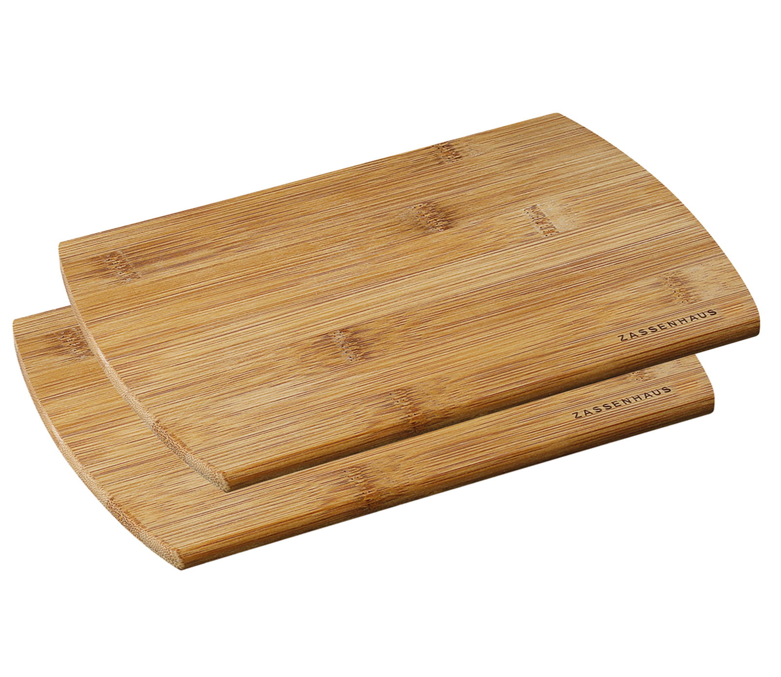 Zwei übereinander gestapelte Frühstücksbretter aus Holz, perspektivisch von oben fotografiert.