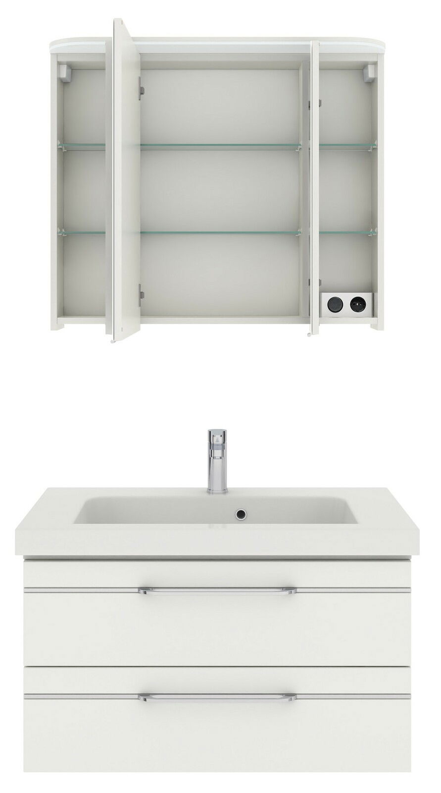 Badezimmermöbel-Set mit offenem Spiegelschrank und Waschbeckenunterschrank, Frontalansicht