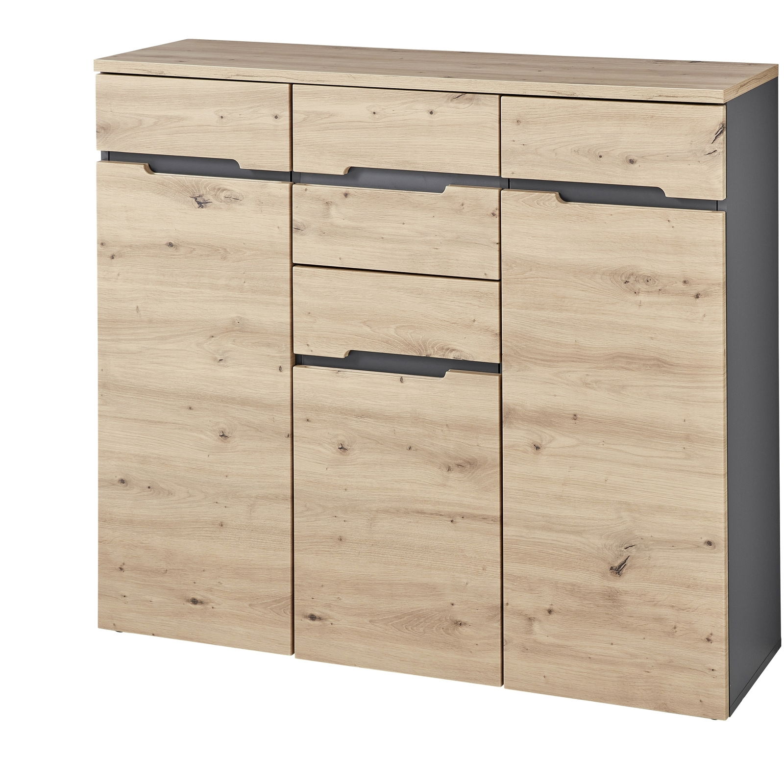 XL-Highboard aus Holz mit drei Schubladen und zwei Türen, Frontansicht