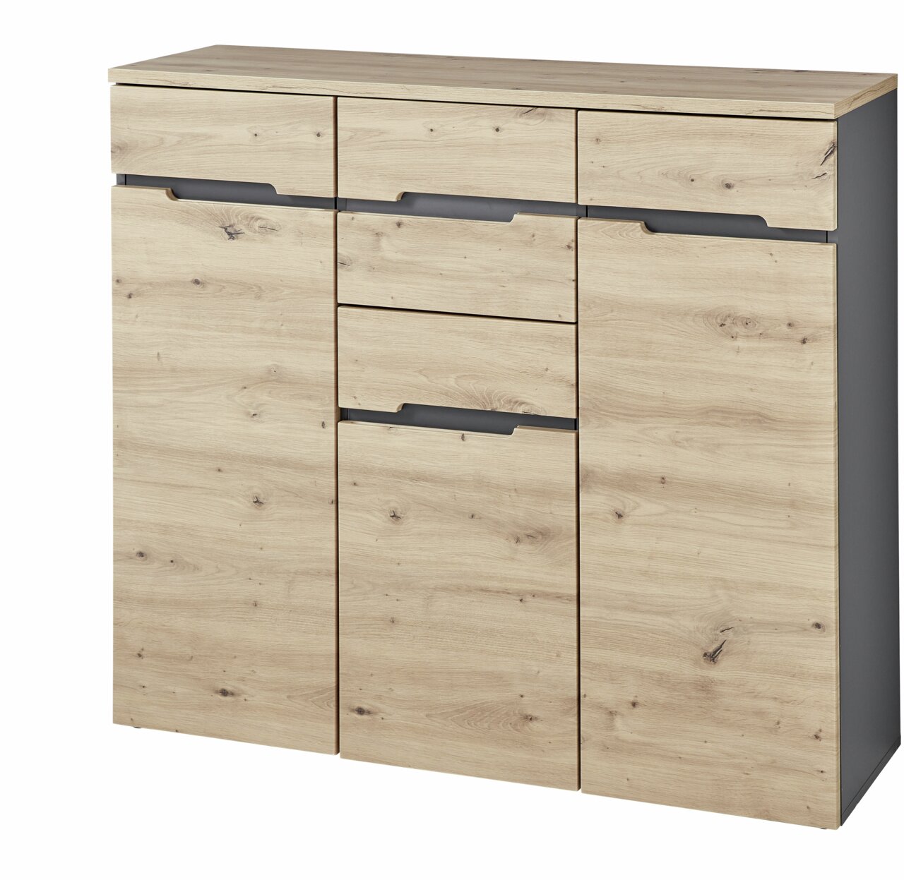 XL-hoge kast van hout met drie lades en twee deuren, vooraanzicht