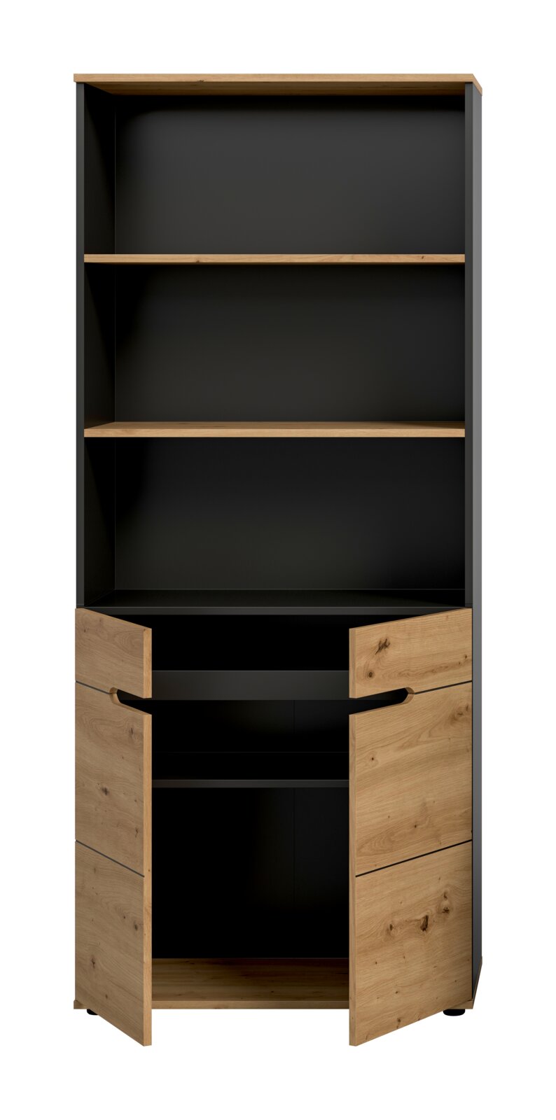 Hoher Schrank in Schwarz mit Eiche-Optik-Fronten, zwei offene Regalböden oben und geöffneten Türen unten, Frontansicht.