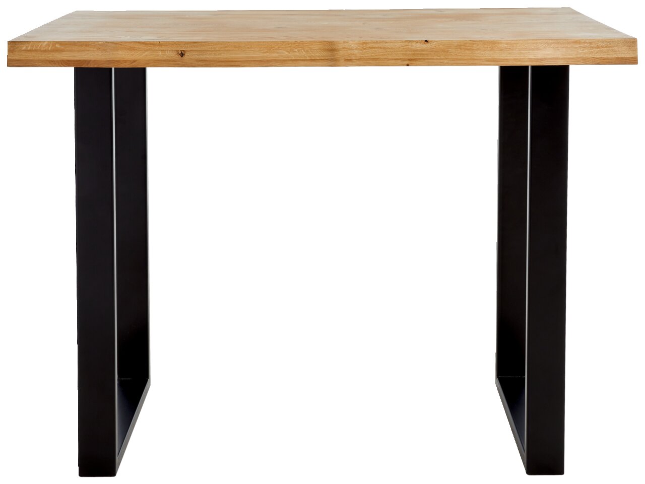 Moderner Bartisch mit Holzplatte und schwarzen Metallbeinen, Frontalansicht.