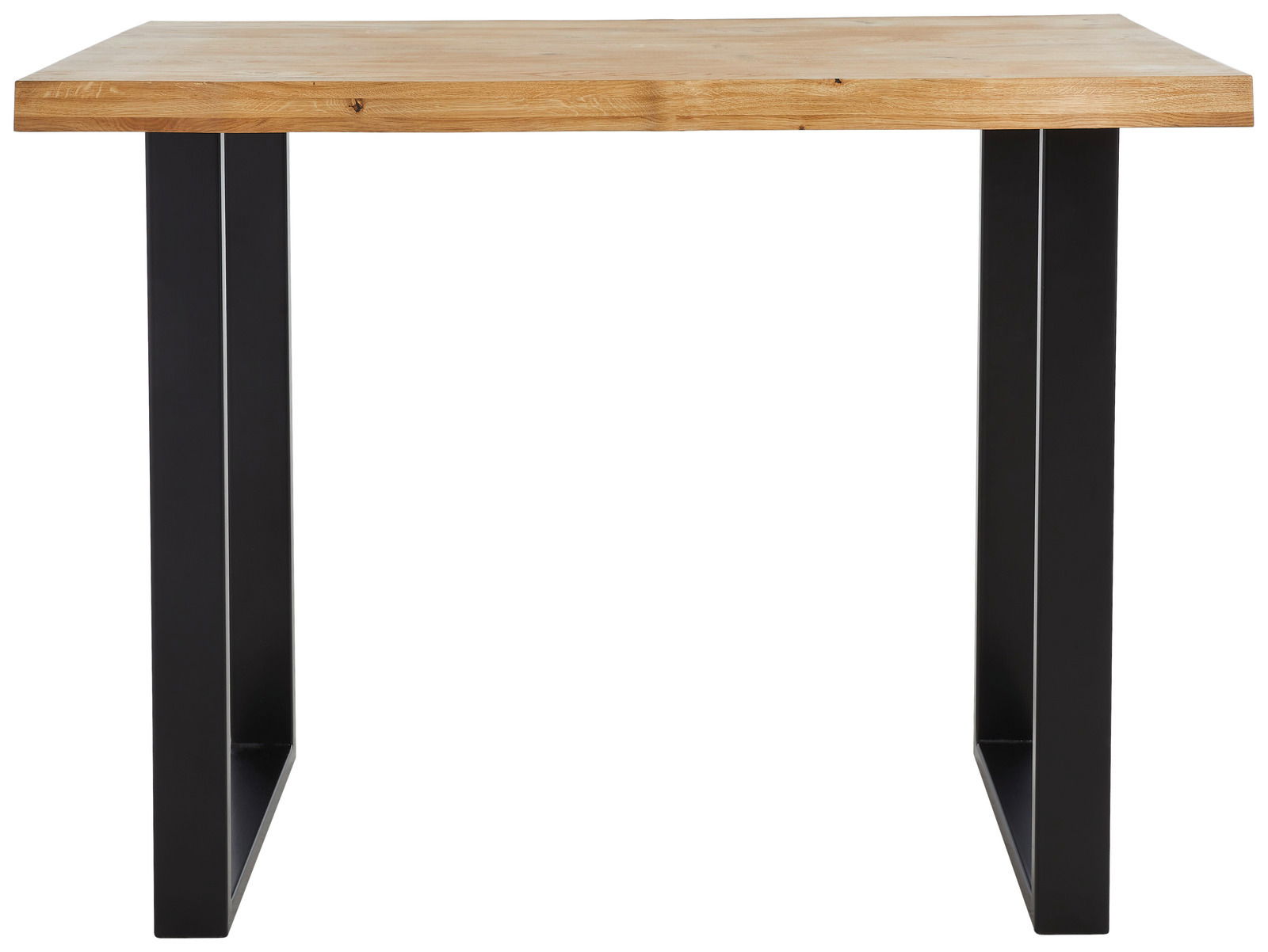 Moderner Bartisch mit Holzplatte und schwarzen Metallbeinen, Frontalansicht.