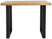 Moderner Bartisch mit Holzplatte und schwarzen Metallbeinen, Frontalansicht.