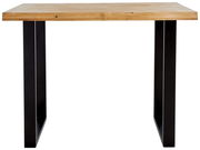 Moderner Bartisch mit Holzplatte und schwarzen Metallbeinen, Frontalansicht.