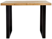 Moderner Bartisch mit Holzplatte und schwarzen Metallbeinen, Frontalansicht.