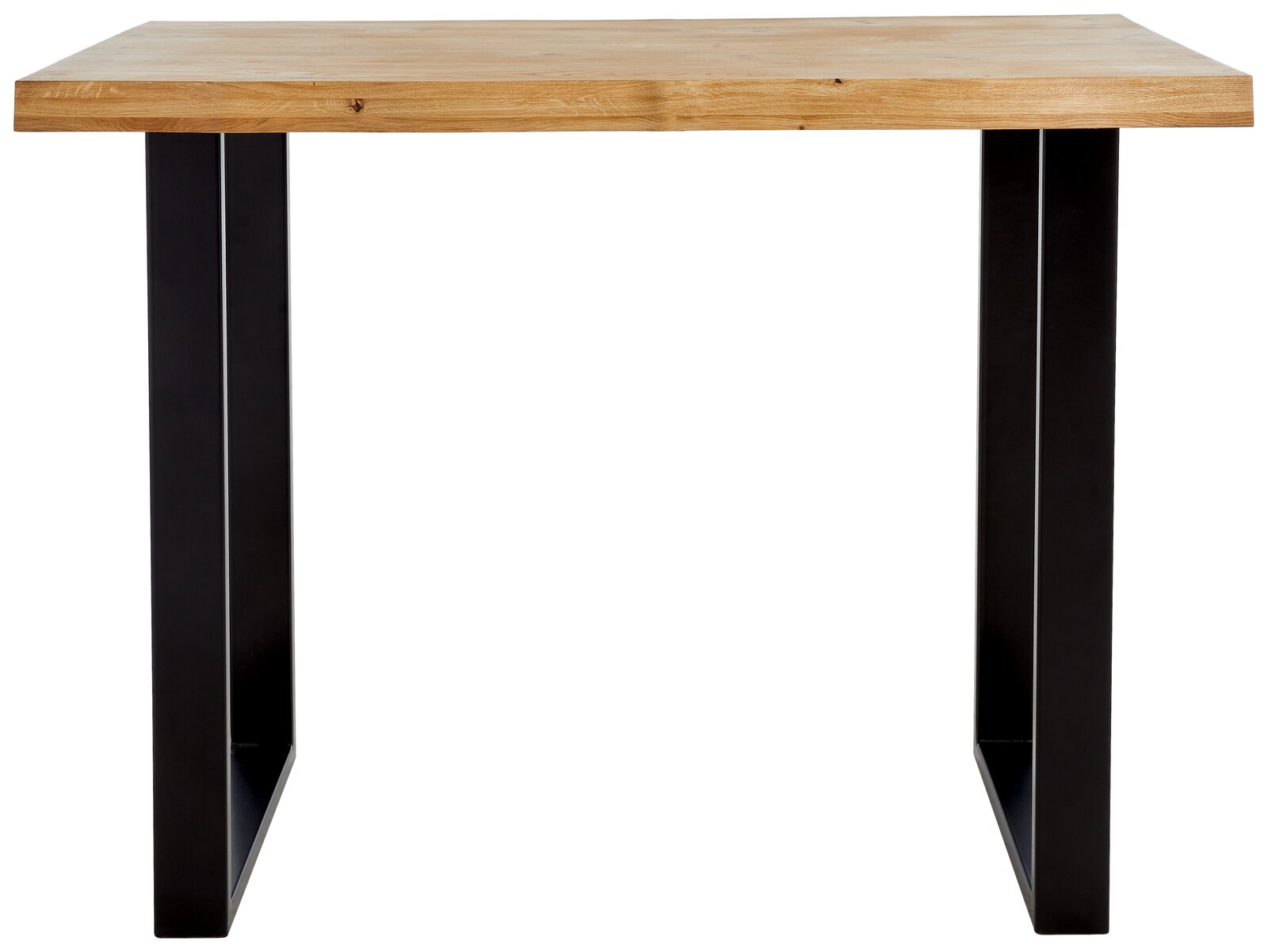 Moderner Bartisch mit Holzplatte und schwarzen Metallbeinen, Frontalansicht.