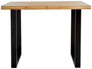 Moderner Bartisch mit Holzplatte und schwarzen Metallbeinen, Frontalansicht.