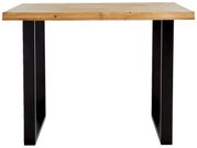 Moderner Bartisch mit Holzplatte und schwarzen Metallbeinen, Frontalansicht.