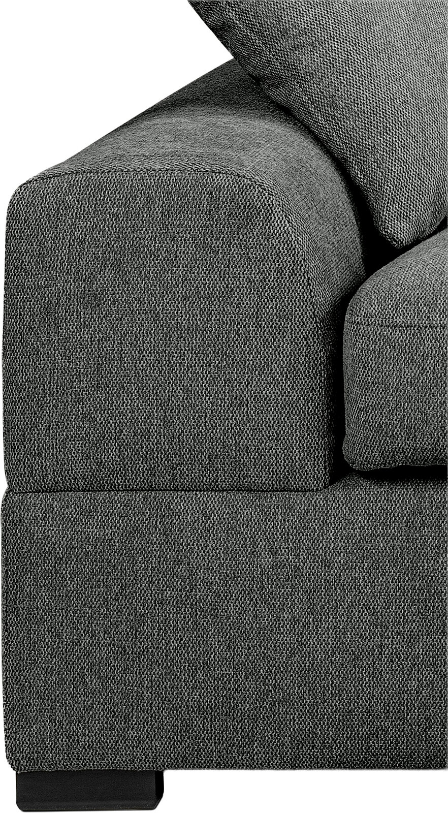 Nahaufnahme der Armlehne und Sitzkante eines grauen Stoffsofas mit grob gewebter Struktur, seitliche Perspektive