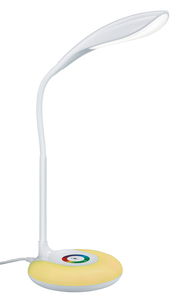 Moderne weiße Tischleuchte Krait mit geschwungenem Arm und rundem, gelbem Sockel, seitliche Perspektive