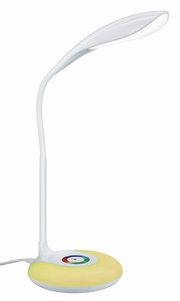 Moderne weiße Tischleuchte Krait mit geschwungenem Arm und rundem, gelbem Sockel, seitliche Perspektive