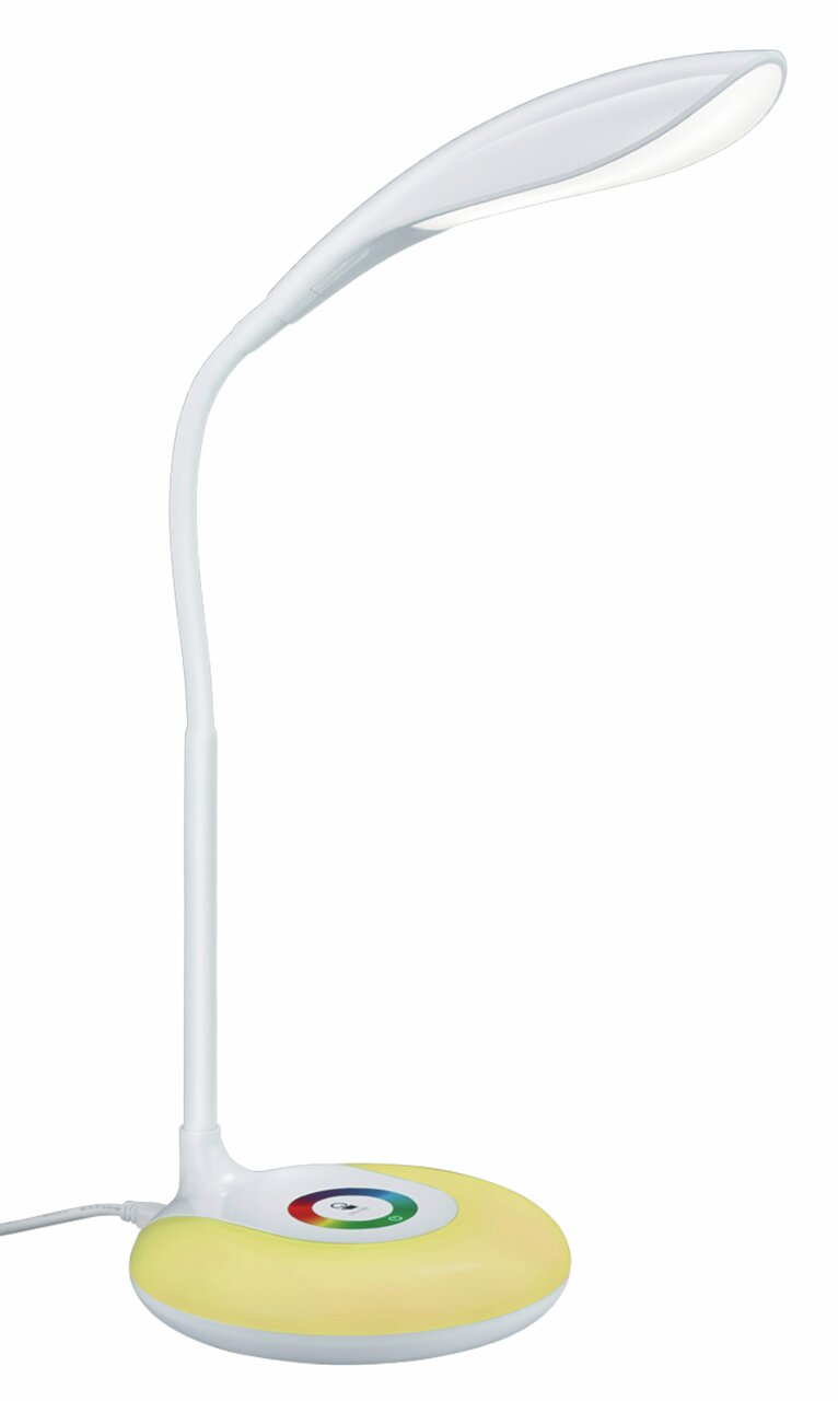 Reality Leuchten Tischleuchte KRAIT Moderne weiße Tischleuchte Krait mit geschwungenem Arm und rundem, gelbem Sockel, seitliche Perspektive