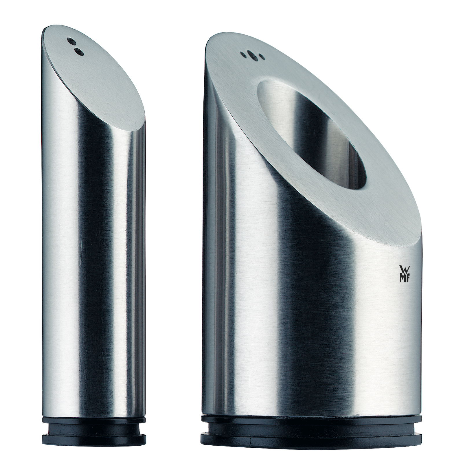 Zwei moderne Edelstahl-Pfeffer- und Salzstreuer in einem innovativen Design, seitliche Perspektive