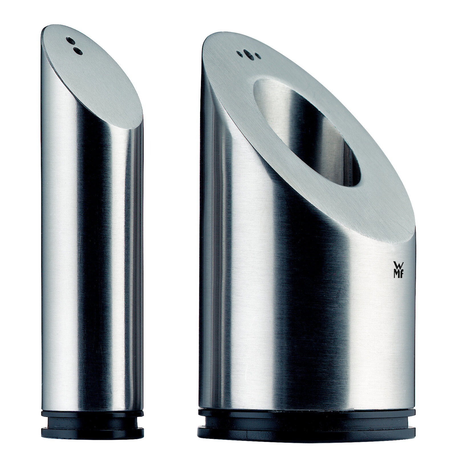 WMF Pfeffer&Salzstreuer TWO IN ONE Zwei moderne Edelstahl-Pfeffer- und Salzstreuer in einem innovativen Design, seitliche Perspektive