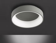 Moderne runde Deckenleuchte in seitlicher Perspektive, mit weißem Leuchtring und grauem Gehäuse.