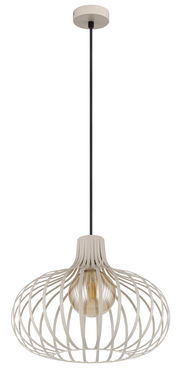 Moderne Hängeleuchte mit offenem, kugelförmigem Design aus Metallstreben, seitliche Perspektive.