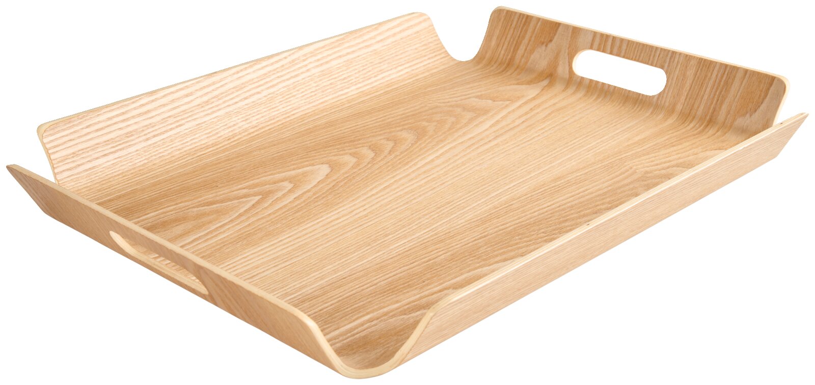 Houten dienblad met opstaande randen en handvatten, gefotografeerd vanuit een schuin perspectief