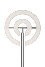 Moderner LED-Deckenfluter mit zwei konzentrischen, leuchtenden Ringen aus der Frontalperspektive.