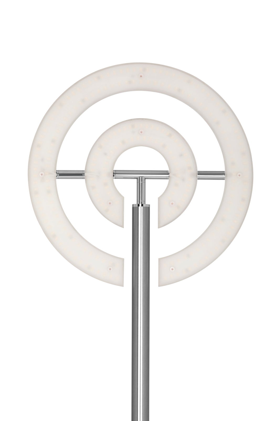 Moderner LED-Deckenfluter mit zwei konzentrischen, leuchtenden Ringen aus der Frontalperspektive.