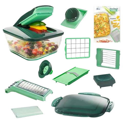 Nicer Dicer Chef 15-teiliges Set in grüner Farbe, bestehend aus verschiedenen Schneide- und Reibwerkzeugen, ideal für die Zubereitung von Salaten und anderen Gerichten. Perspektive: Frontalansicht.