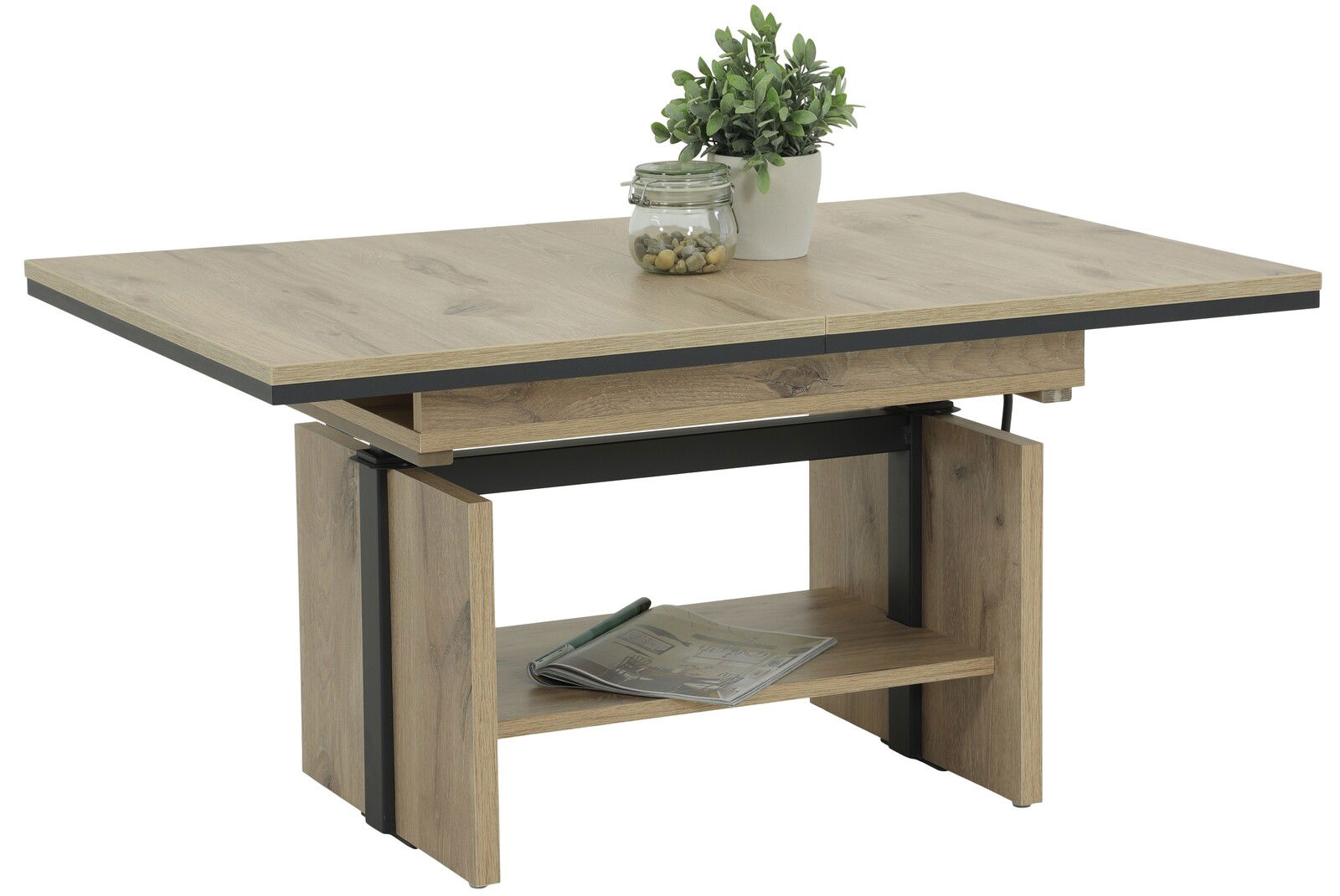 Z2 Salontafel INGO Moderner Couchtisch aus Holz mit schwarzem Metallrahmen, dekoriert mit einer Pflanze und einem Glasgefäß, seitliche Perspektive.