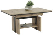 Moderner Couchtisch aus Holz mit schwarzem Metallrahmen, dekoriert mit einer Pflanze und einem Glasgefäß, seitliche Perspektive.
