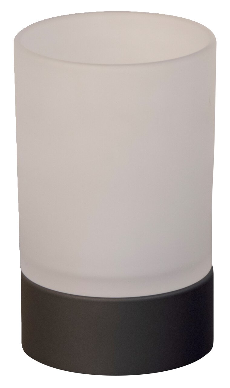Zylindrisches Akku-Windlicht mit mattem Glas und dunklem Sockel, frontal betrachtet.
