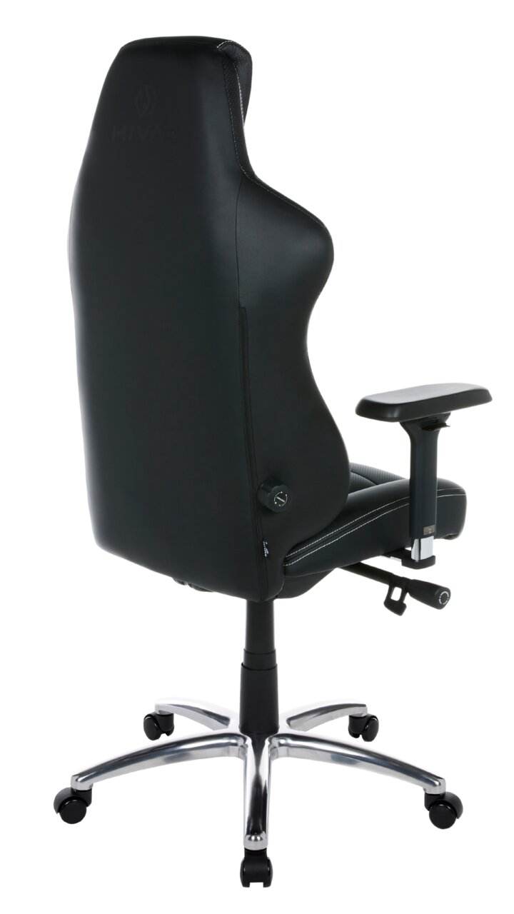 HIVAR Gaming Stuhl EQLIPSE Rückansicht eines schwarzen Gaming-Stuhls mit verstellbaren Armlehnen und einem stabilen Metallfuß auf Rollen.