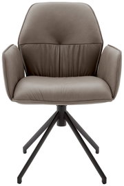 Moderne fauteuil van grijs leer met een zwart metalen frame, vooraanzicht