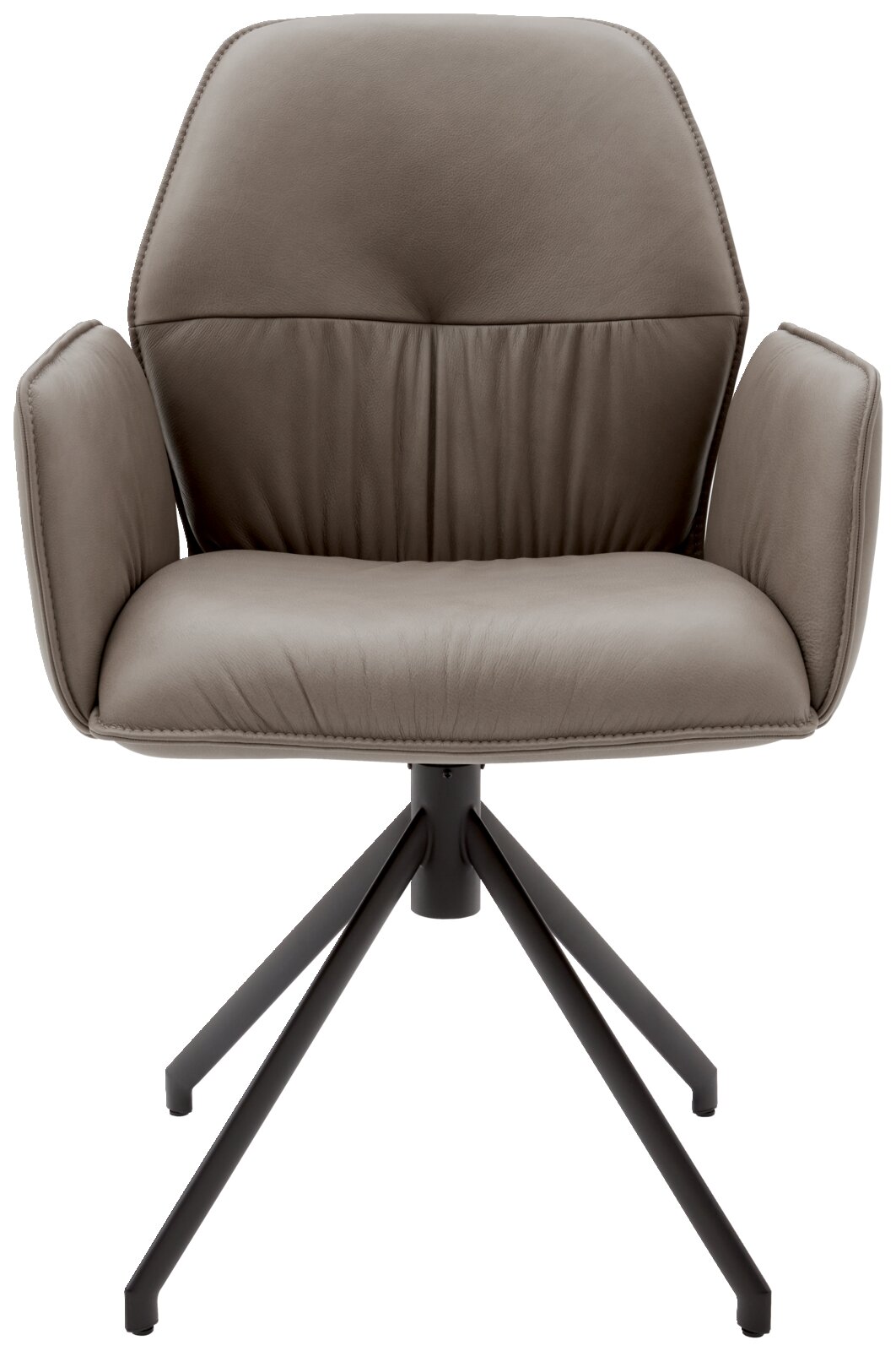 Moderne fauteuil van grijs leer met een zwart metalen frame, vooraanzicht