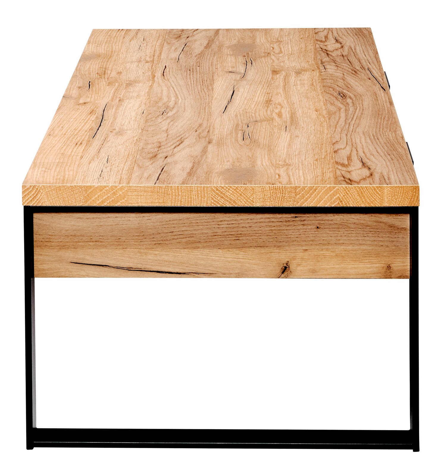 Moderne houten salontafel met metalen frame, vooraanzicht