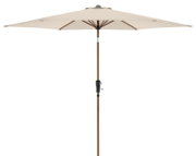 Beige parasol met mast in houtlook en slingermechanisme, vooraanzicht in zijaanzicht op een witte achtergrond