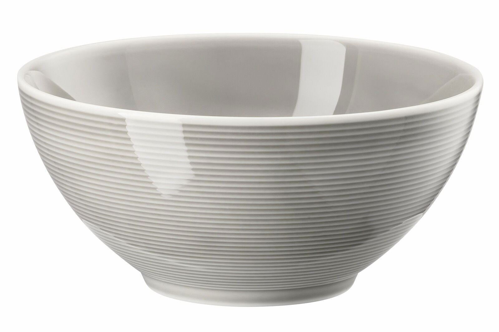 Graue, runde Schüssel mit feiner Rillenstruktur, seitliche Perspektive