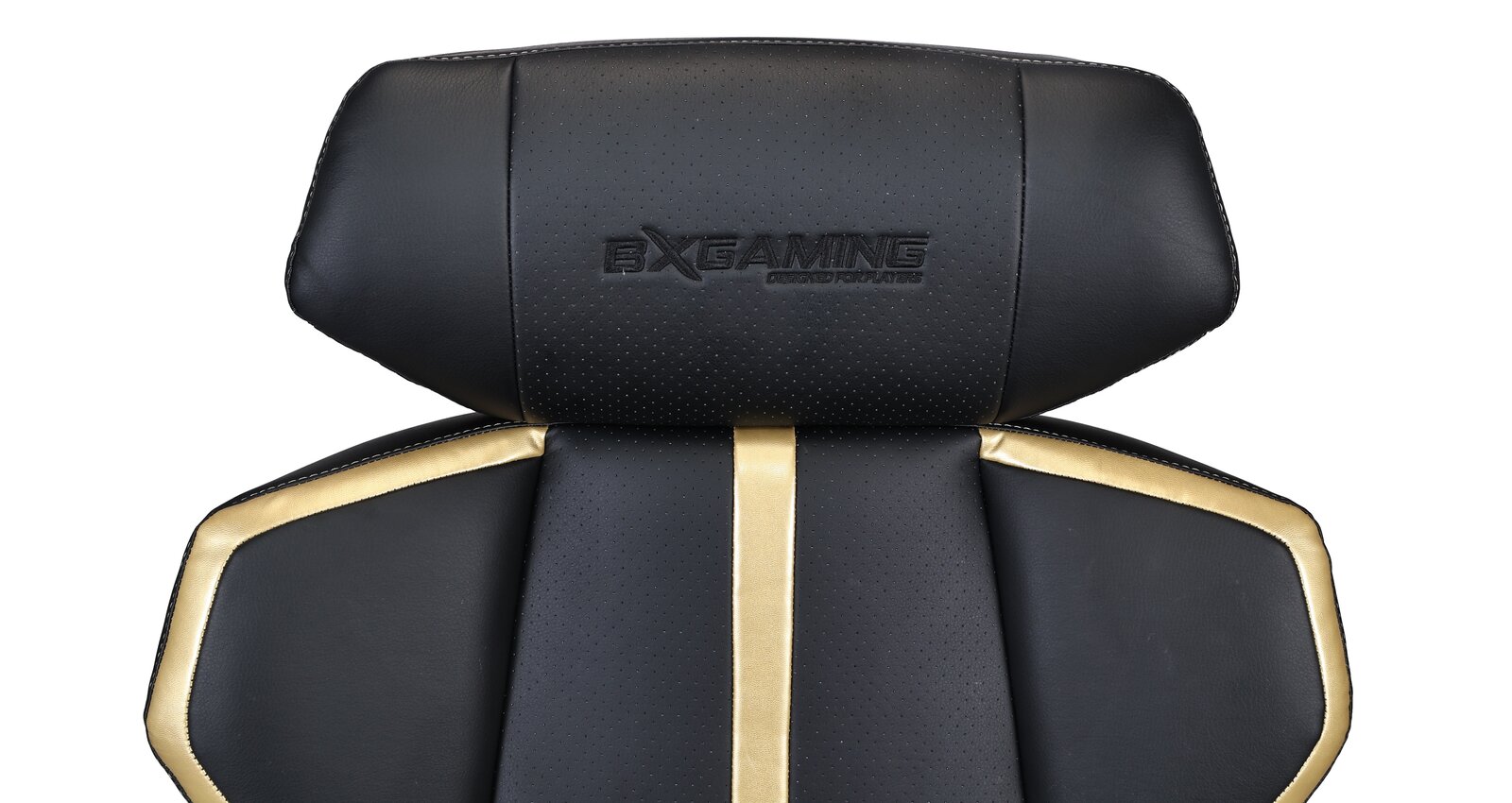 Nahaufnahme der Rückenlehne eines Gaming-Stuhls mit schwarzem und goldenem Design, von vorne betrachtet.
