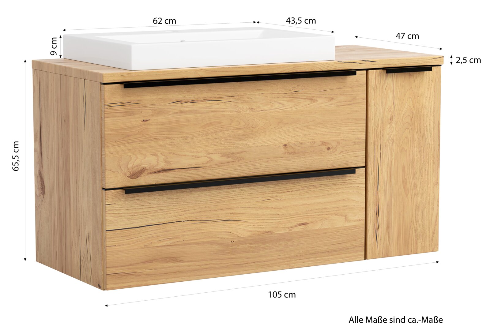 Frontansicht in leichter Schrägperspektive: moderner Waschtischunterschrank aus hellem Holz mit zwei Schubladen und schwarzer Griffleiste, rechts zusätzlicher Schrankteil, oben weißes Aufsatzwaschbecken; Maße ca. 105 x 65,5 cm.