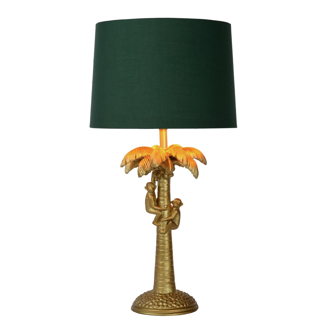Goldene Tischlampe in Form einer Palme mit zwei Affen, grünem Lampenschirm, frontal betrachtet.