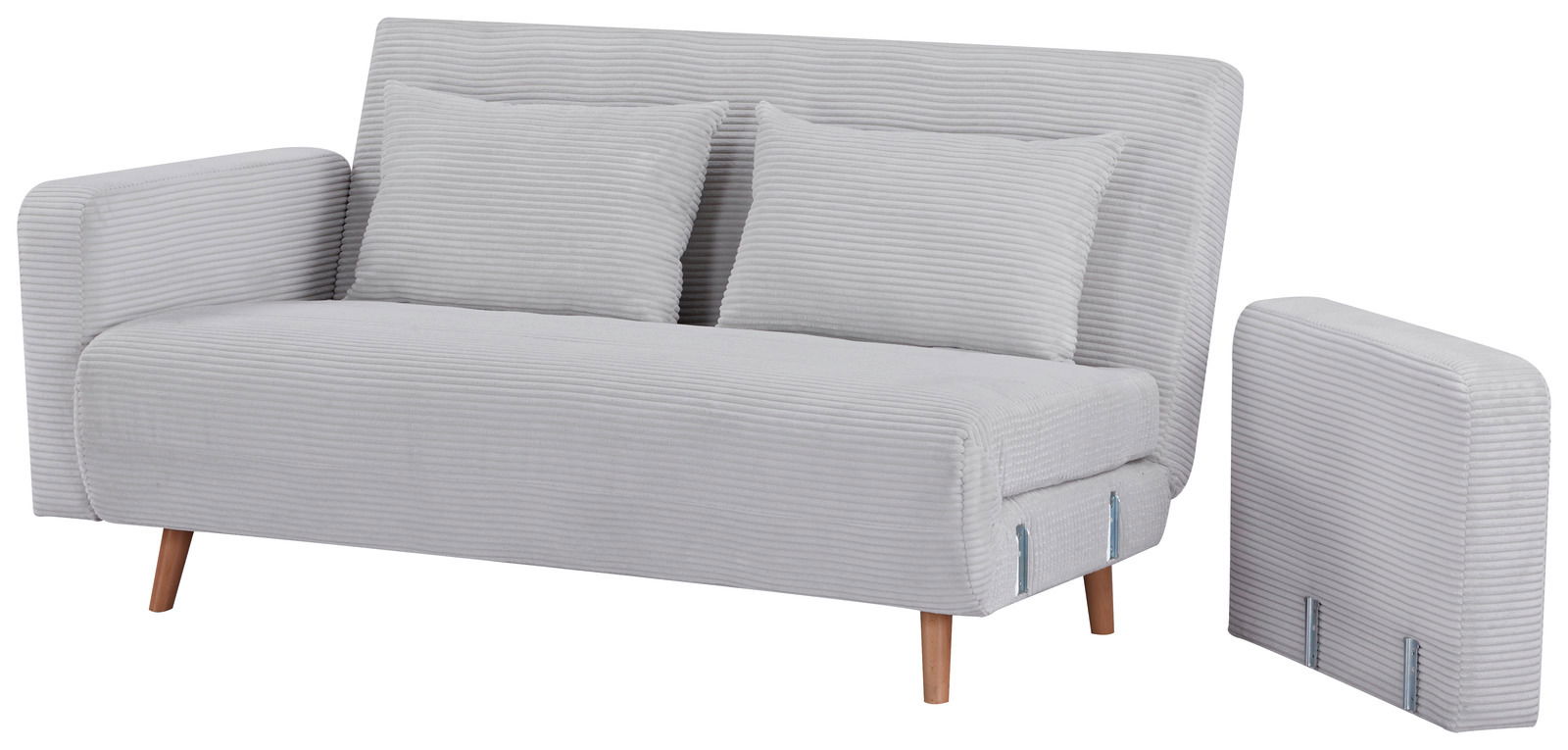 Graues Funktionssofa mit zwei Kissen, abnehmbarer Armlehne und Holzfüßen, seitliche Perspektive