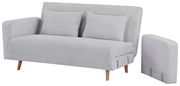 Graues Funktionssofa mit zwei Kissen, abnehmbarer Armlehne und Holzfüßen, seitliche Perspektive