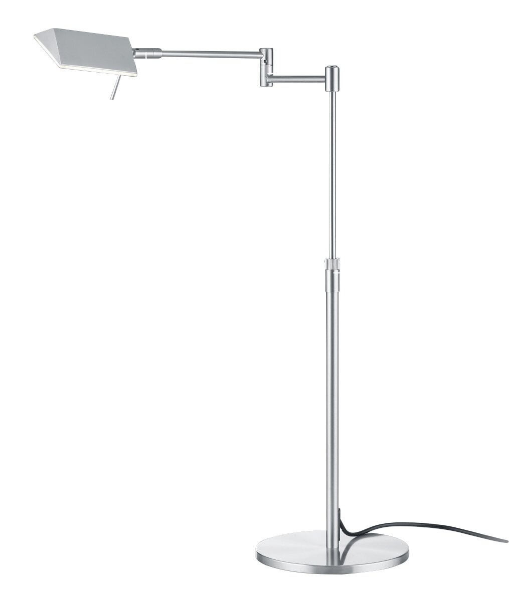 Moderne LED-Tischleuchte JOHANN aus Metall in seitlicher Perspektive mit verstellbarem Arm und rechteckigem Lampenschirm.