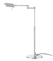 Moderne LED-Tischleuchte JOHANN aus Metall in seitlicher Perspektive mit verstellbarem Arm und rechteckigem Lampenschirm.