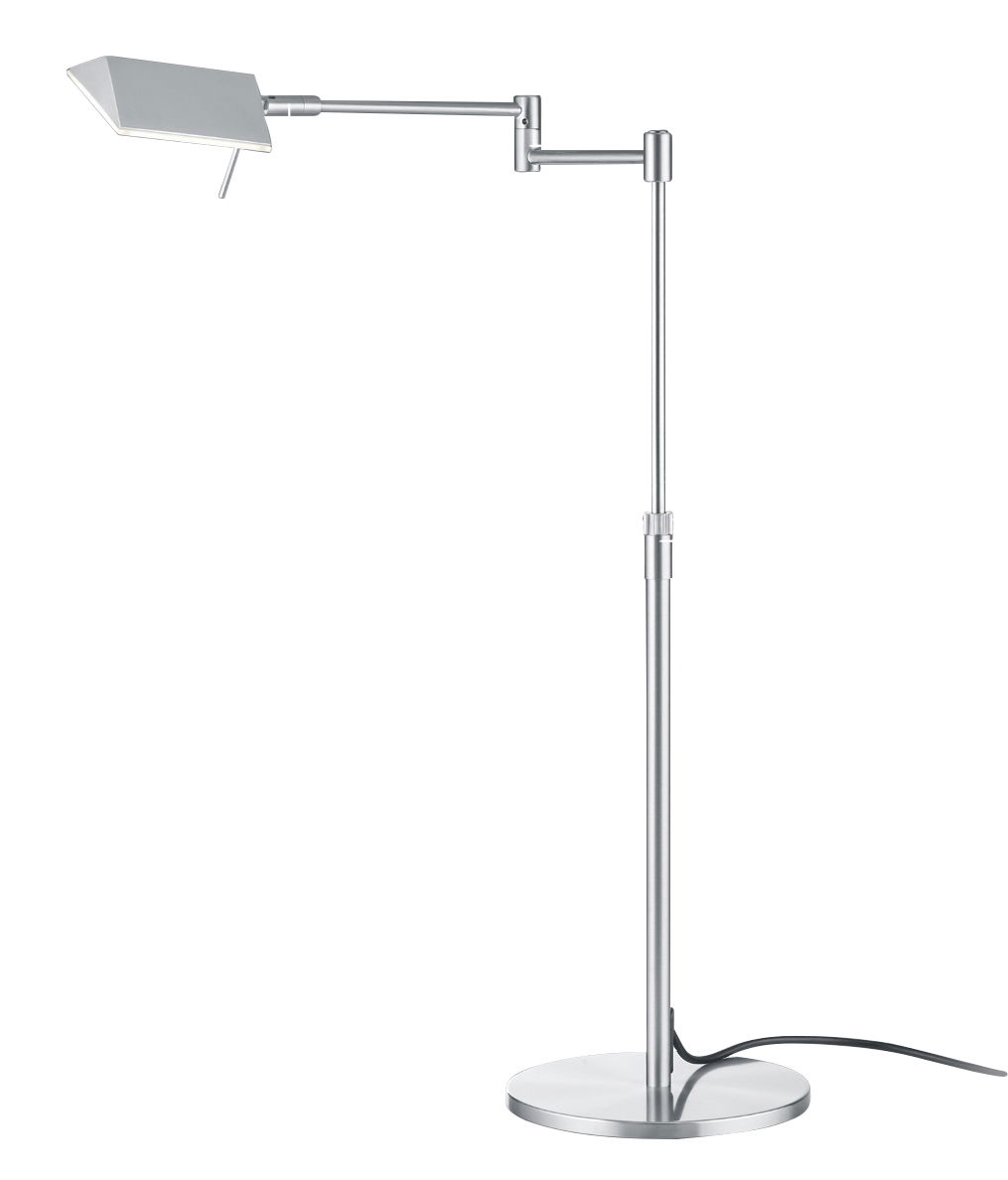 Moderne LED-Tischleuchte JOHANN aus Metall in seitlicher Perspektive mit verstellbarem Arm und rechteckigem Lampenschirm.