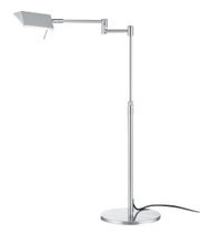Moderne LED-Tischleuchte JOHANN aus Metall in seitlicher Perspektive mit verstellbarem Arm und rechteckigem Lampenschirm.