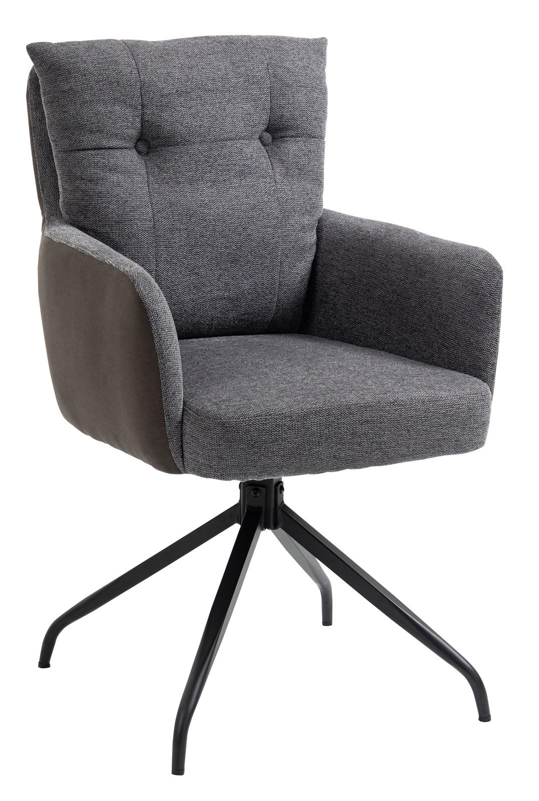 Grauer Sessel mit gepolsterter Rückenlehne und Armlehnen, auf schwarzem Metallgestell, seitliche Perspektive.