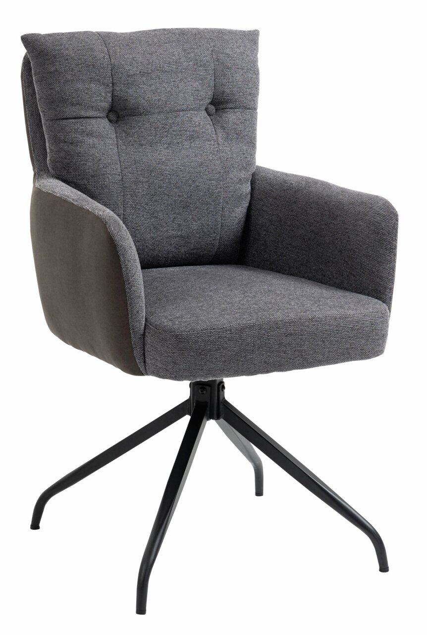 Grauer Sessel mit gepolsterter Rückenlehne und Armlehnen, auf schwarzem Metallgestell, seitliche Perspektive.