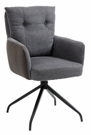 Grauer Sessel mit gepolsterter Rückenlehne und Armlehnen, auf schwarzem Metallgestell, seitliche Perspektive.