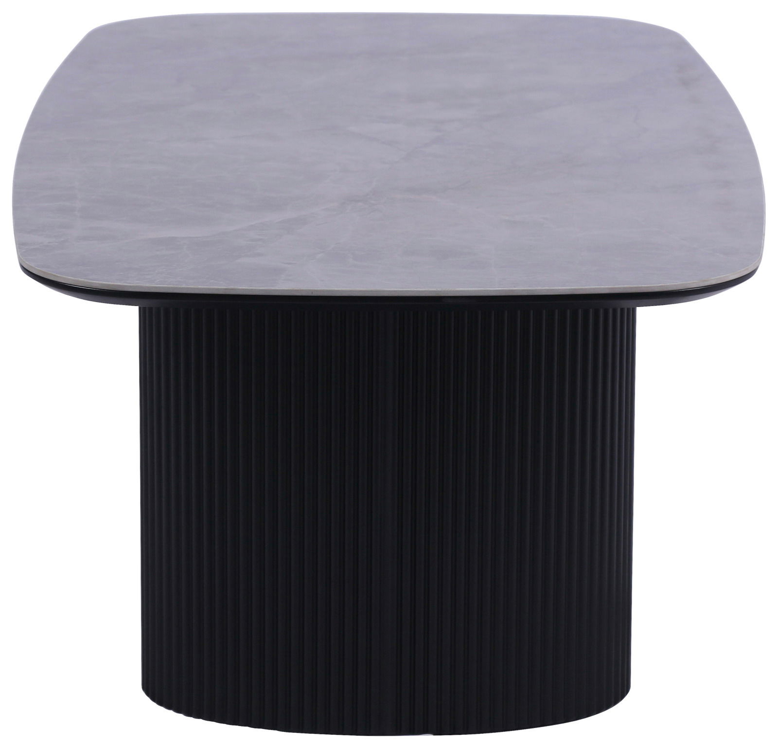 Stylife Salontafel GROOVE Moderner Couchtisch mit runder, geriffelter Basis und glatter, rechteckiger Tischplatte aus Marmor, Frontalansicht.