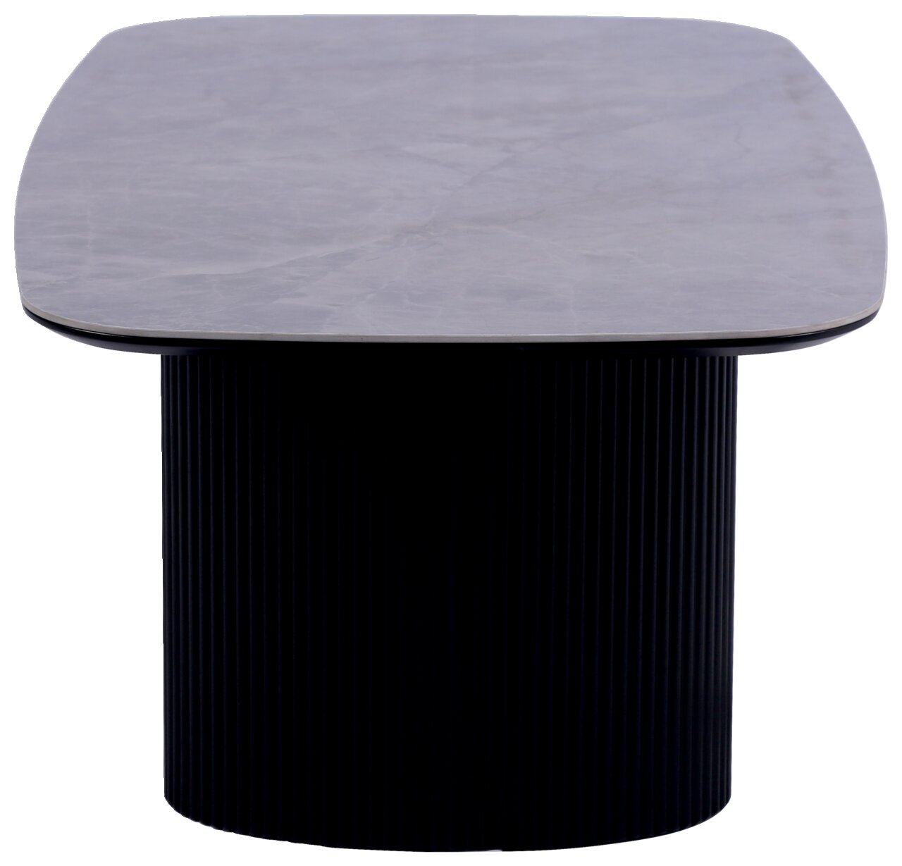 Moderner Couchtisch mit runder, geriffelter Basis und glatter, rechteckiger Tischplatte aus Marmor, Frontalansicht.