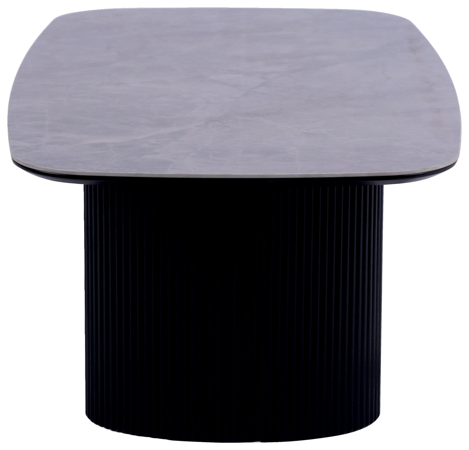 Stylife Couchtisch GROOVE Moderner Couchtisch mit runder, geriffelter Basis und glatter, rechteckiger Tischplatte aus Marmor, Frontalansicht.