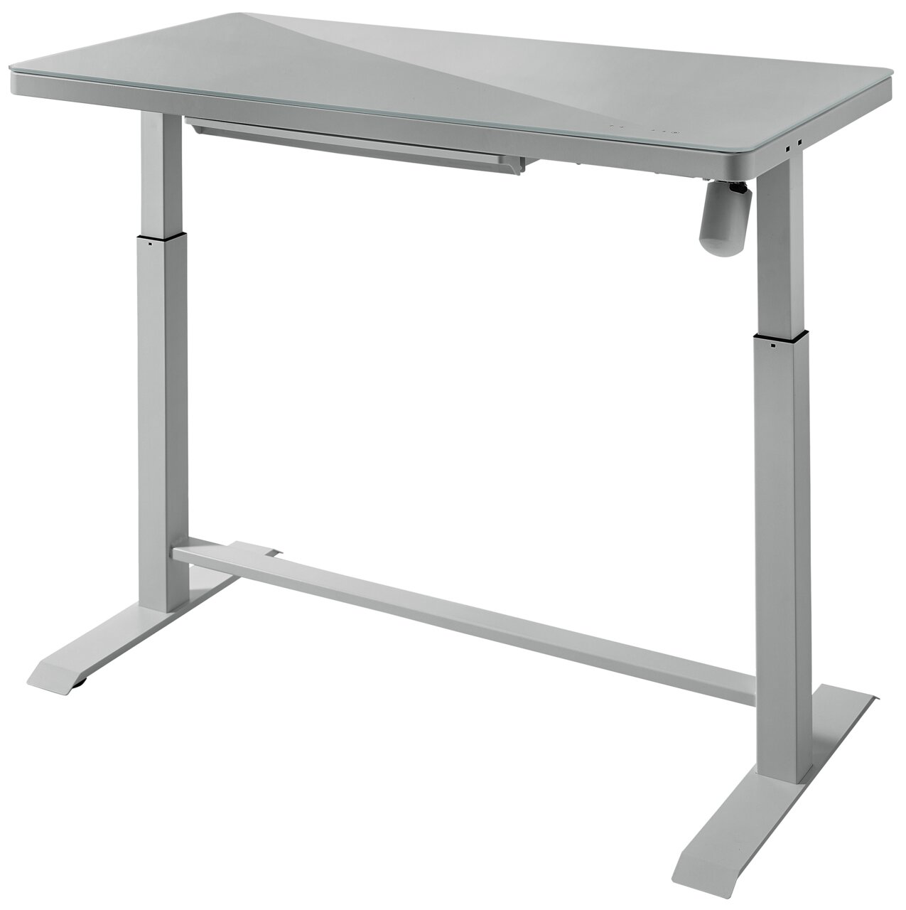 Moderner höhenverstellbarer E-Schreibtisch in seitlicher Perspektive mit grauer Tischplatte und stabilen Metallbeinen.